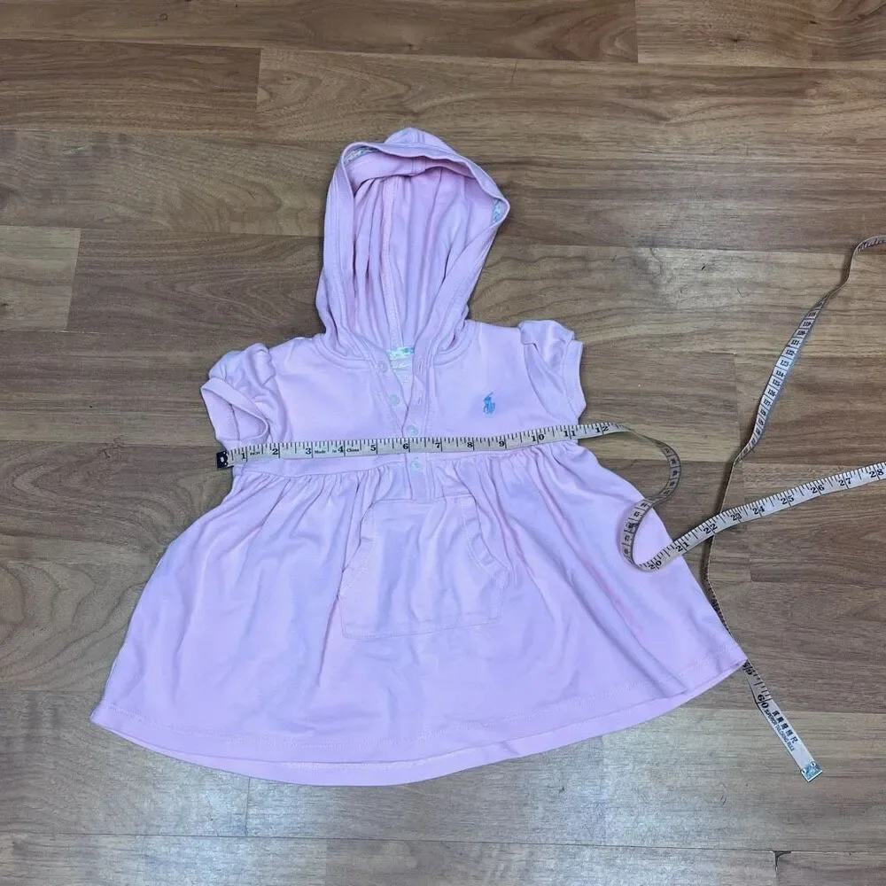Ralph Lauren Girl Puff Sleeve Hooded Half Button Front Mini Dress Pink Size 18M